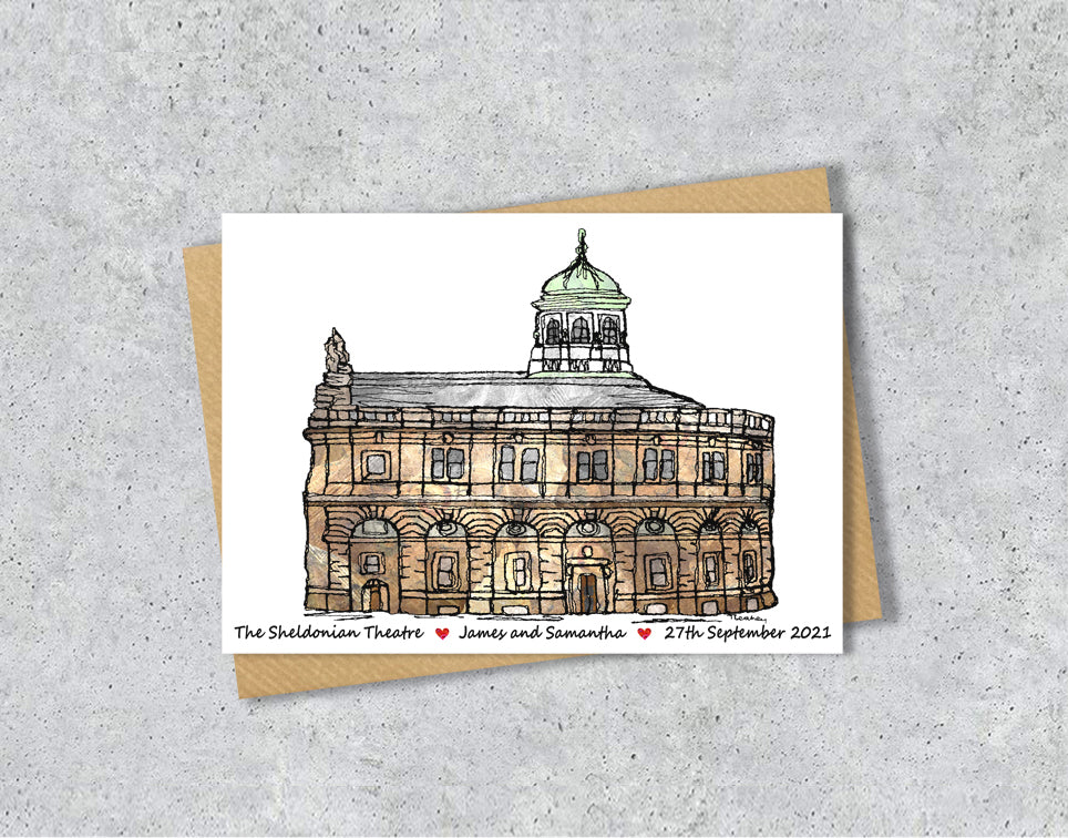 Wedding / Anniversary card with textile illustration of Sheldonian Theatre Oxford with personalised text.
