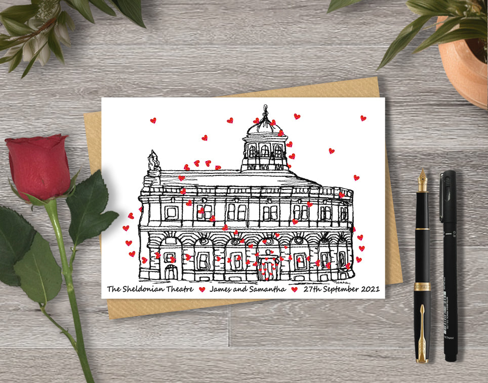 Wedding / Anniversary card with a black and white textile illustration of Sheldonian Theatre Oxford and red hearts with personalised text.