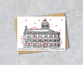 Wedding / Anniversary card with a black and white textile illustration of Sheldonian Theatre Oxford and red hearts with personalised text.