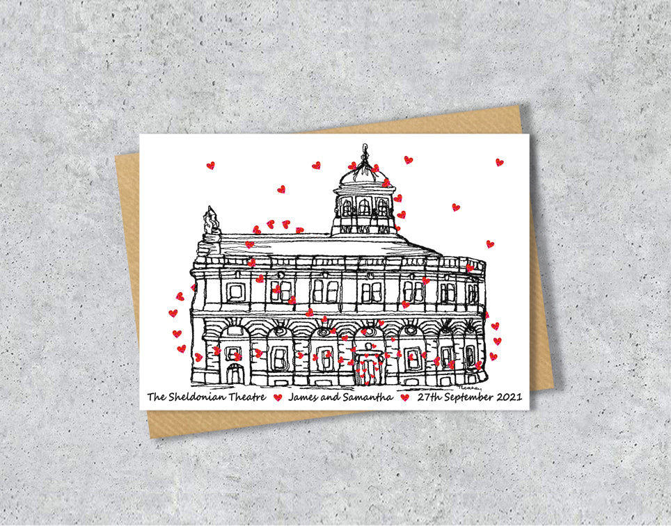 Wedding / Anniversary card with a black and white textile illustration of Sheldonian Theatre Oxford and red hearts with personalised text.