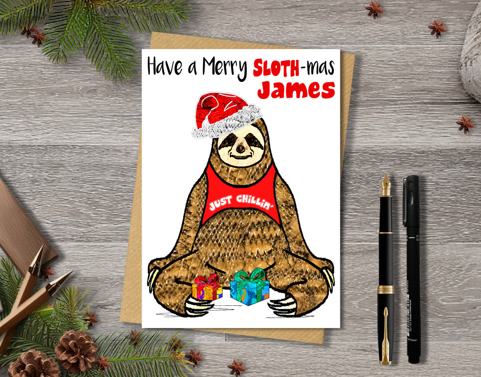 Sloth Christmas Card, A5 Personalised Greeting Card