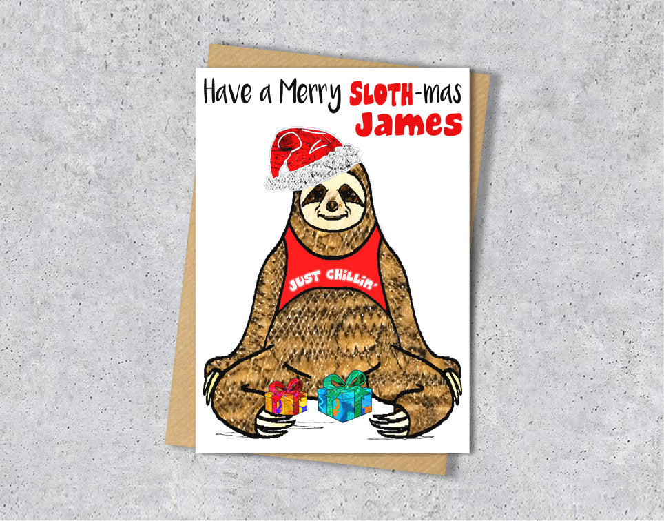 Sloth Christmas Card, A5 Personalised Greeting Card