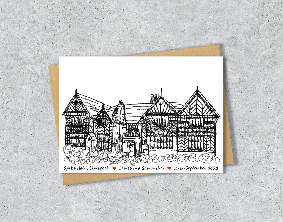 Wedding / Anniversary card with a black and white textile illustration of Speke Hall Liverpool with personalised text.