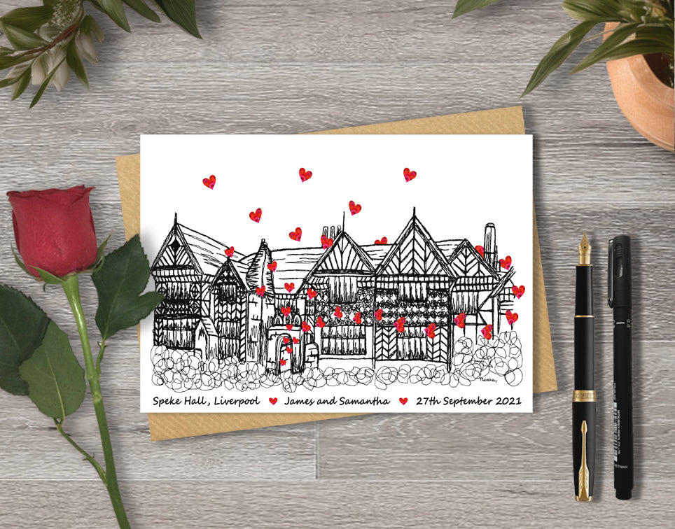 Wedding / Anniversary card with a black and white textile illustration of Speke Hall Liverpool and red hearts with personalised text.