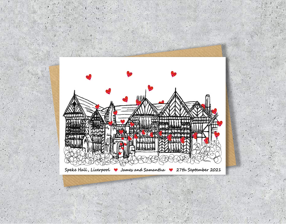 Wedding / Anniversary card with a black and white textile illustration of Speke Hall Liverpool and red hearts with personalised text.