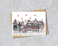 Wedding / Anniversary card with a black and white textile illustration of Speke Hall Liverpool and red hearts with personalised text.
