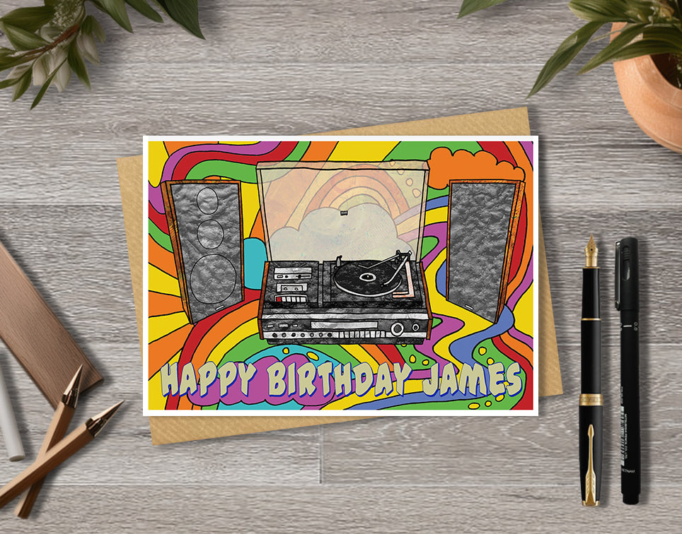 Birthday card with retro music centre illustration with personalised text.