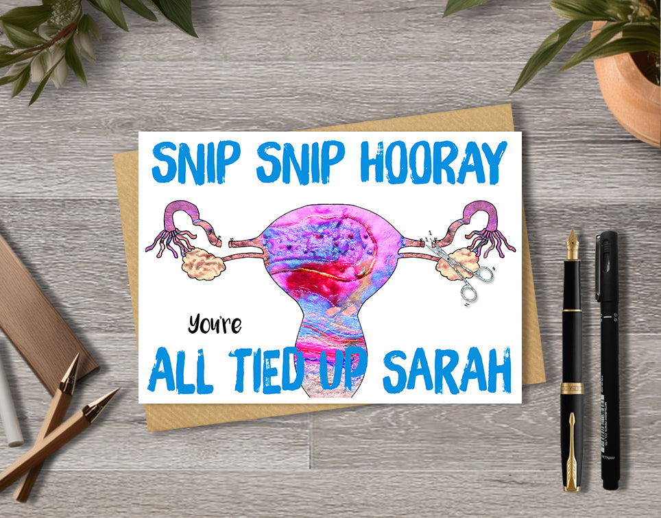 Female sterilisation card with a womb illustration saying "snip snip hooray" with personalised text.