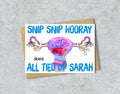 Female sterilisation card with a womb illustration saying "snip snip hooray" with personalised text.