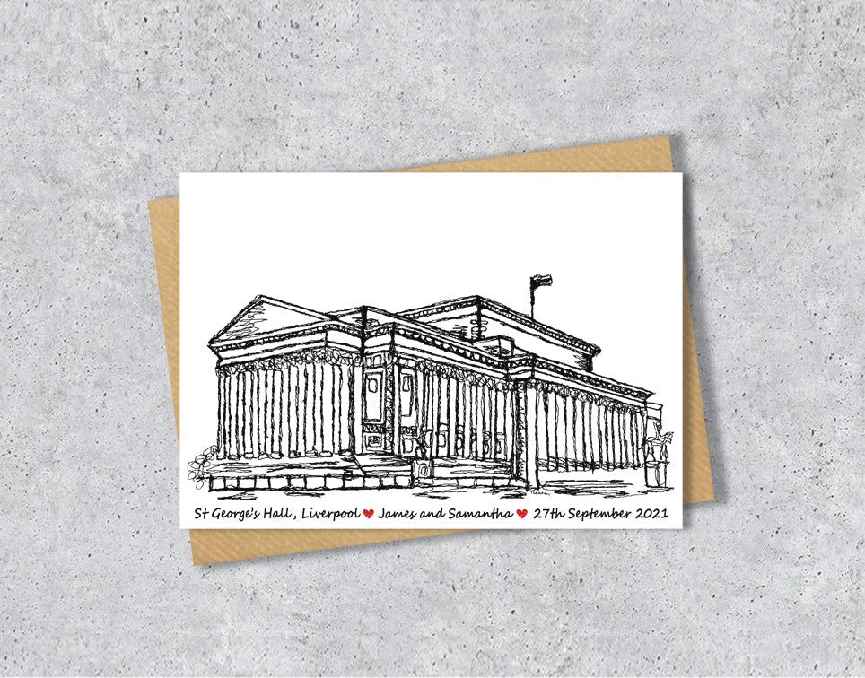 Wedding / Anniversary card with a black and white textile illustration of St George's Hall Liverpool and red hearts with personalised text.