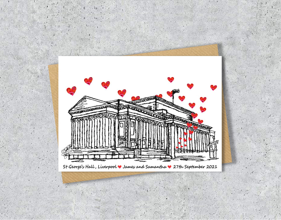 Wedding / Anniversary card with a black and white textile illustration of St George's Hall Liverpool and red hearts with personalised text.