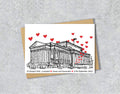 Wedding / Anniversary card with a black and white textile illustration of St George's Hall Liverpool and red hearts with personalised text.