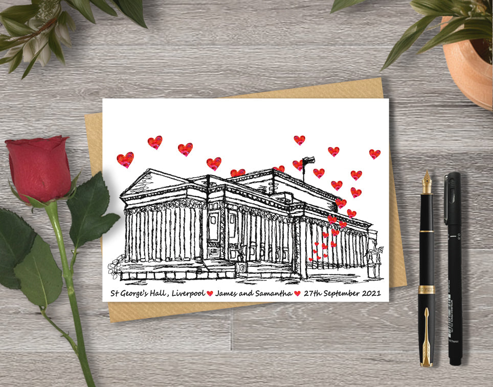 Wedding / Anniversary card with a black and white textile illustration of St George's Hall Liverpool and red hearts with personalised text.