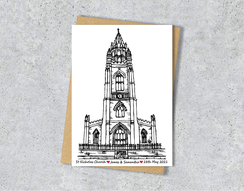 Wedding / Anniversary card with a black and white textile illustration of St Nicholas Church Liverpool with personalised text.