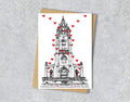 Wedding / Anniversary card with a black and white textile illustration of St Nicholas Church Liverpool and red hearts with personalised text.