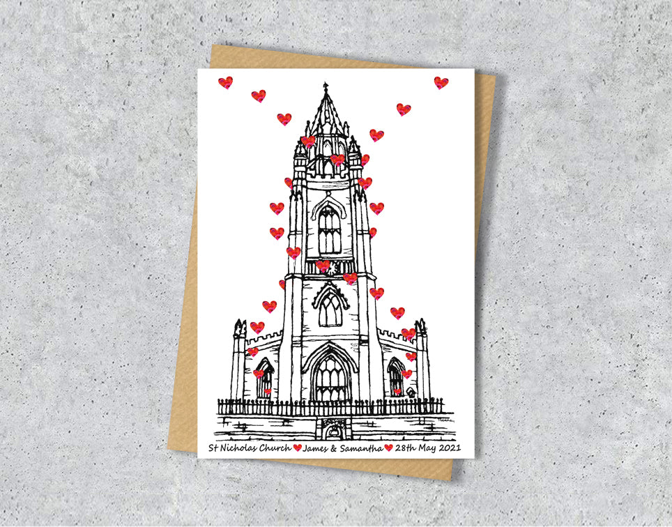 Wedding / Anniversary card with a black and white textile illustration of St Nicholas Church Liverpool and red hearts with personalised text.