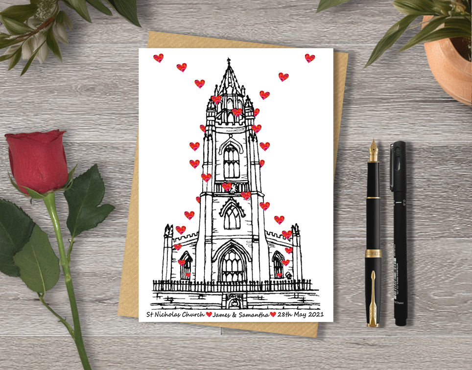 Wedding / Anniversary card with a black and white textile illustration of St Nicholas Church Liverpool and red hearts with personalised text.