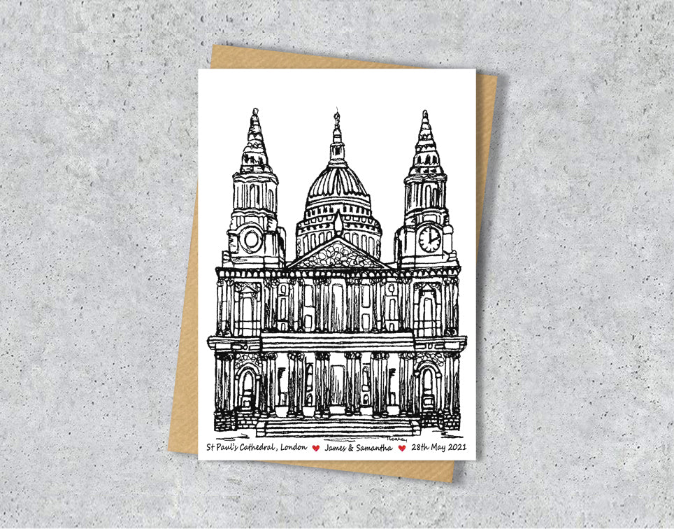 Wedding / Anniversary card with a black and white textile illustration of St Paul's cathedral with personalised text.