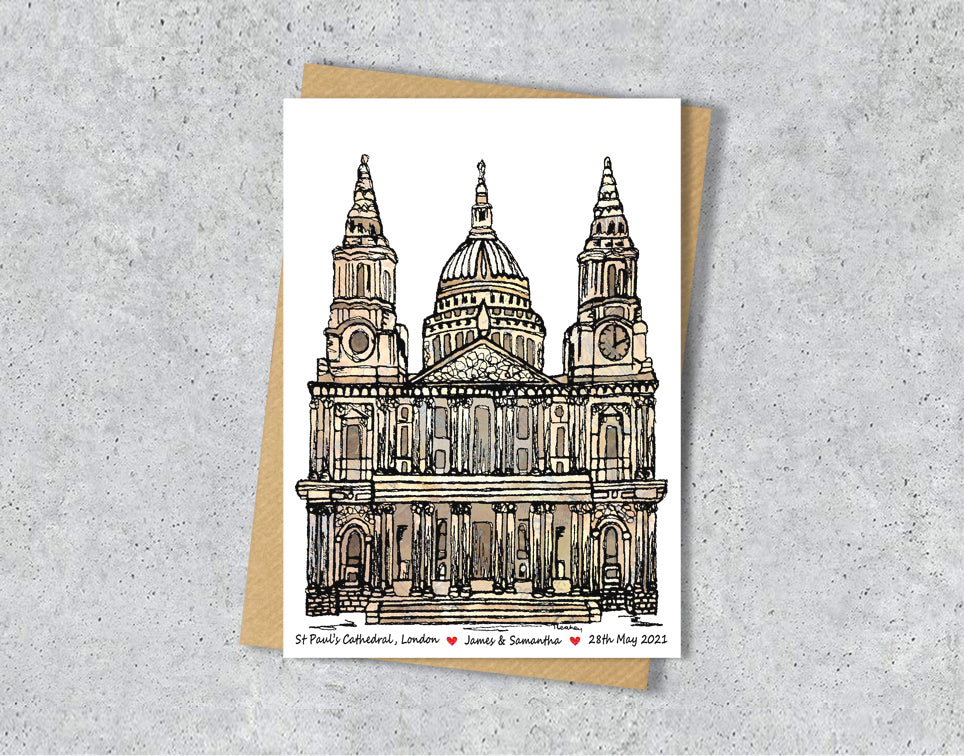 Wedding / Anniversary card with a textile illustration of St Paul's cathedral with personalised text.