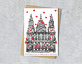 Wedding / Anniversary card with a black and white textile illustration of St Paul's cathedral and red hearts with personalised text.