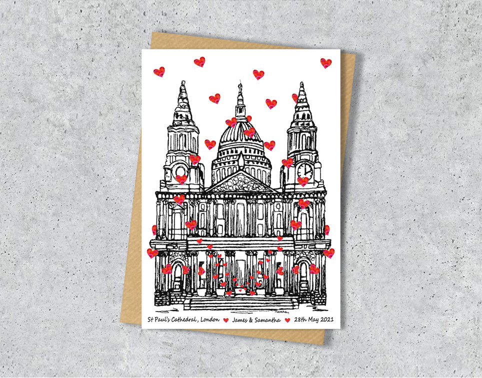 Wedding / Anniversary card with a black and white textile illustration of St Paul's cathedral and red hearts with personalised text.