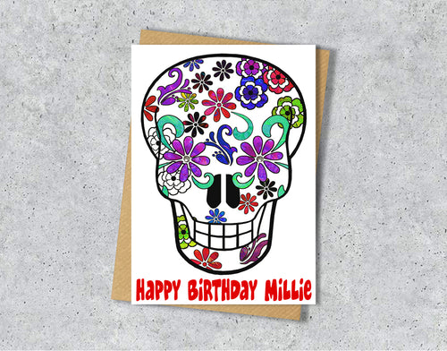 Birthday card with a colorful Mexican skull design with personalised text.