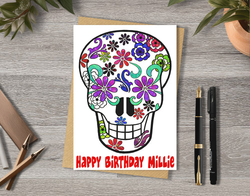 Birthday card with a colorful Mexican skull design with personalised text.