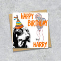Birthday card with a Dachshund wearing a party hat and balloons, with personalised text.