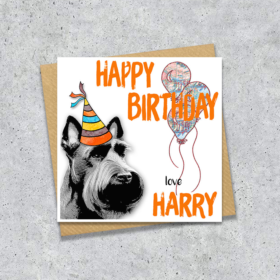 Birthday card with a Scottish terrier wearing a party hat and balloons, with personalised text.