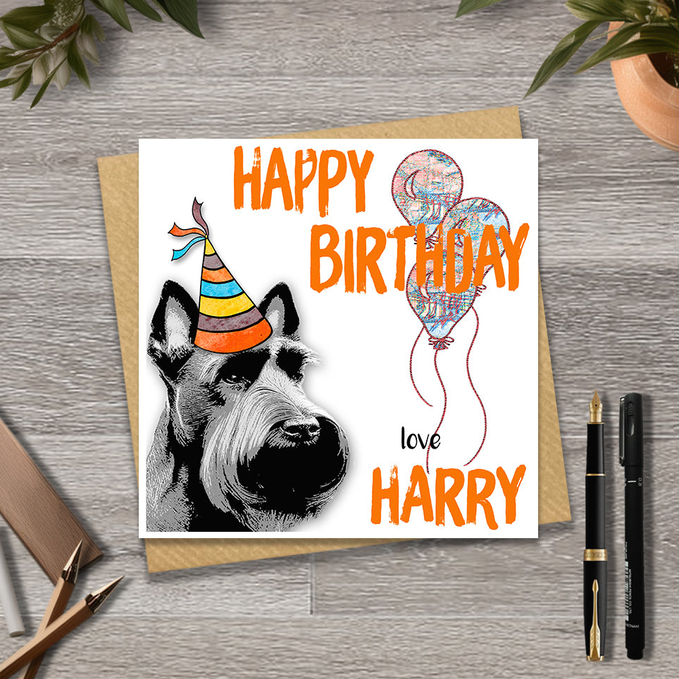 Birthday card with a Scottish terrier wearing a party hat and balloons, with personalised text.