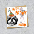 Birthday card with a Shih Tzu wearing a party hat and balloons, with personalised text.