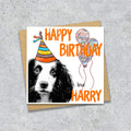 Birthday card with a Springer spaniel wearing a party hat and balloons, with personalised text.