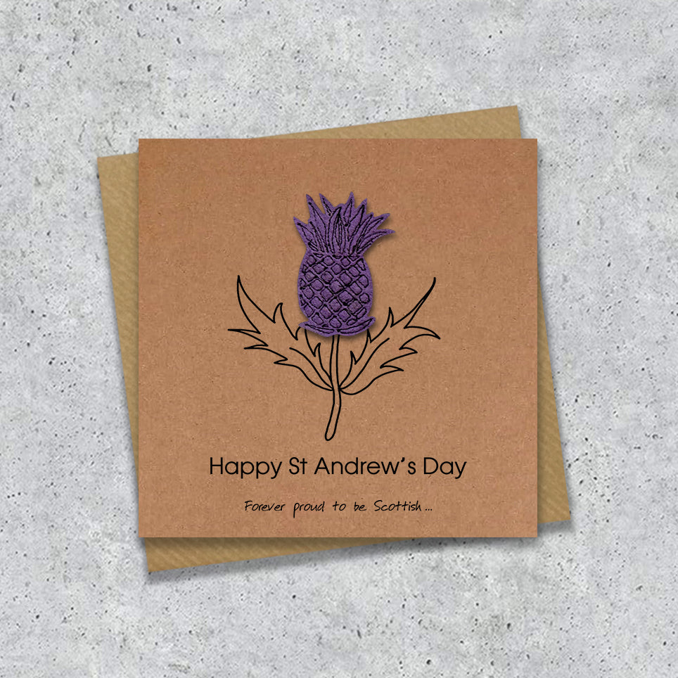 Kraft St Andrew's day card with a embroidered thistle design and text
