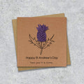 Kraft St Andrew's day card with a embroidered thistle design and text