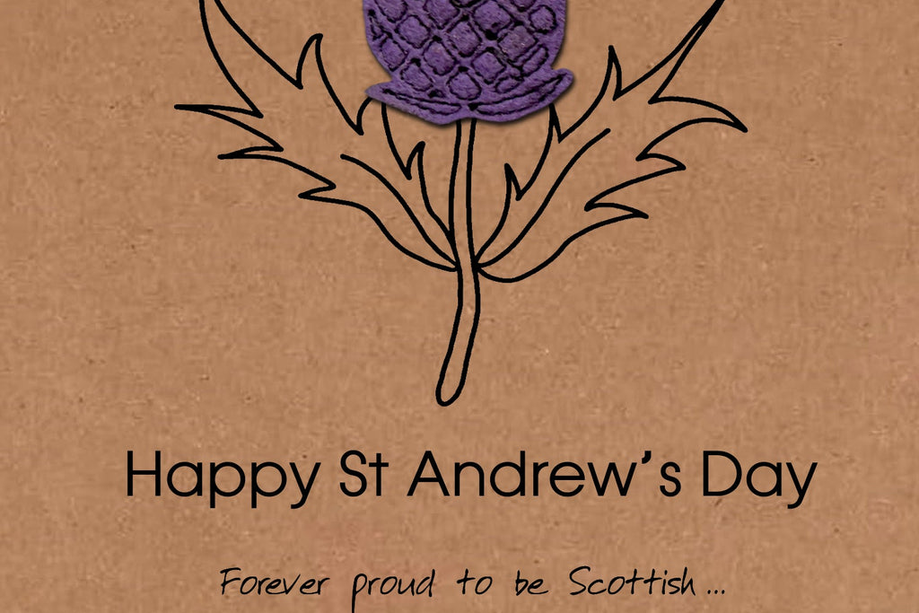 St Andrew's Day Card, Embroidered Thistle, Minimalist Design, Kraft Eco Friendly Gift Card