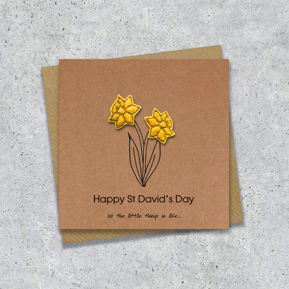 Kraft St David's day card with a embroidered daffodils design and text
