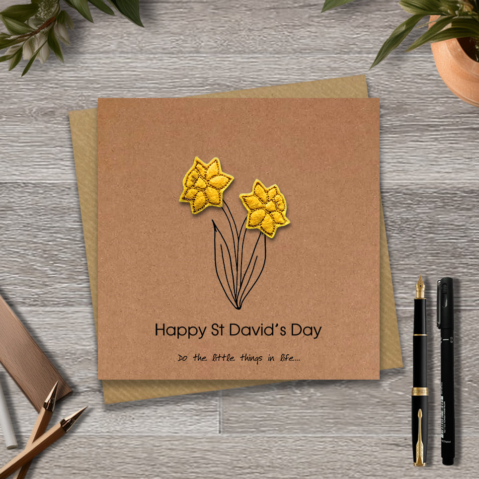Kraft St David's day card with a embroidered daffodils design and text