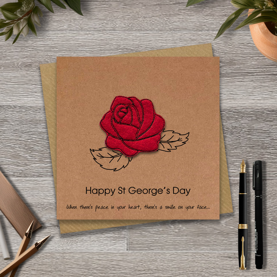 Kraft St George's day card with a embroidered rose design and  text