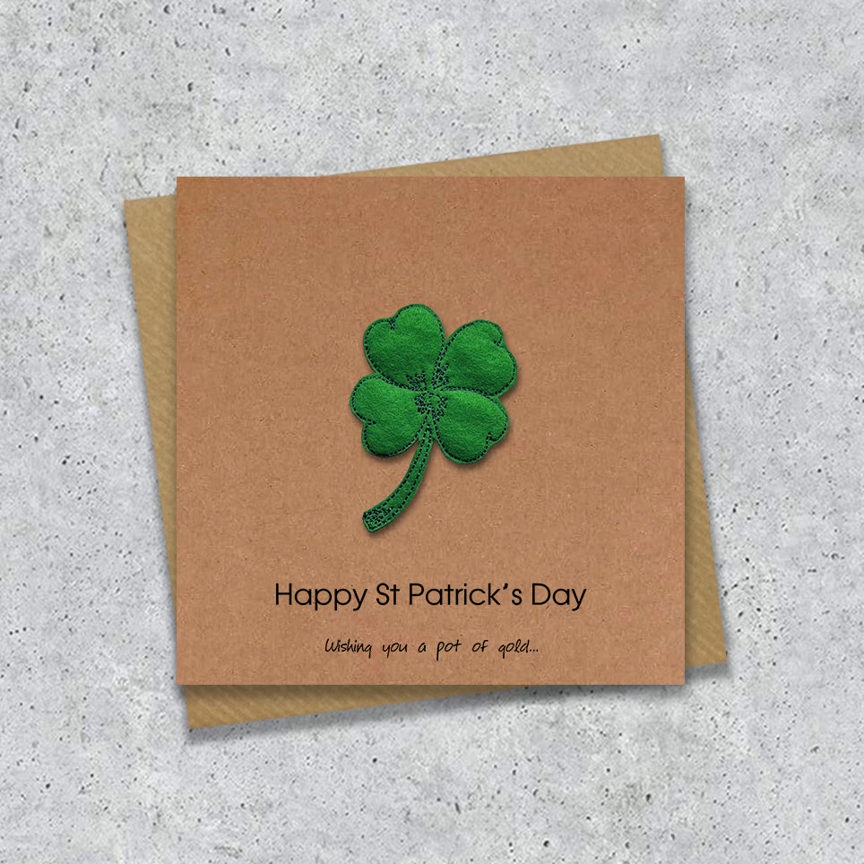 Kraft St Patrick's day card with a embroidered four leaf clover design and text
