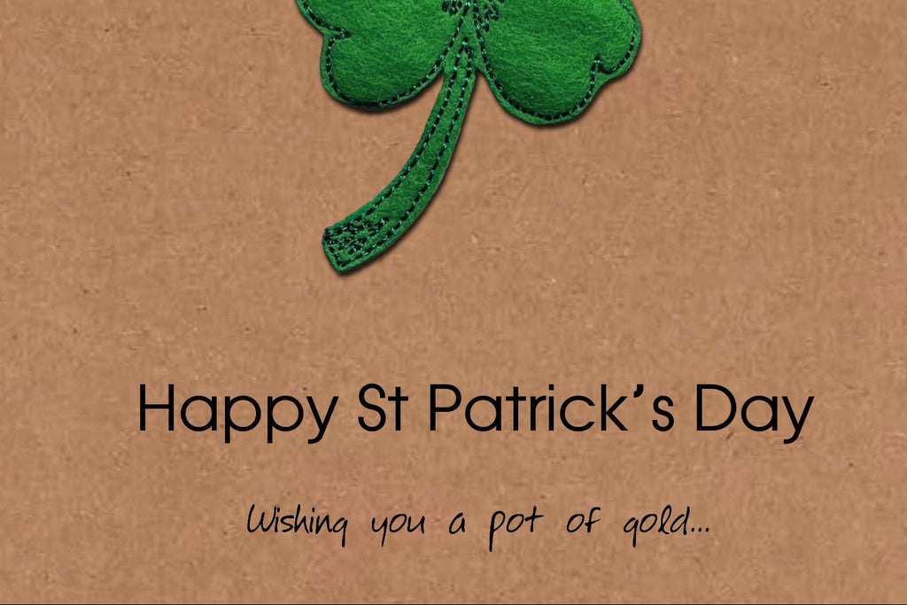St Patrick's Day Card, Embroidered Four Leaf Clover, Minimalist Design, Kraft Eco Friendly Gift Card