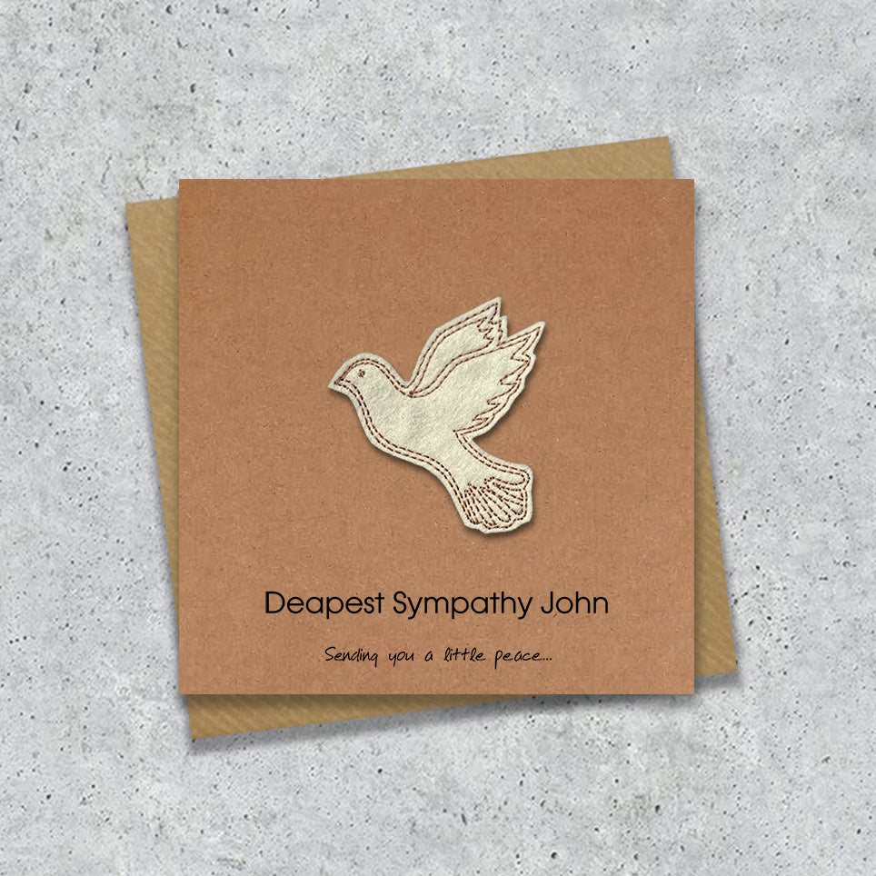 Kraft sympathy card with a embroidered dove design and personalised text
