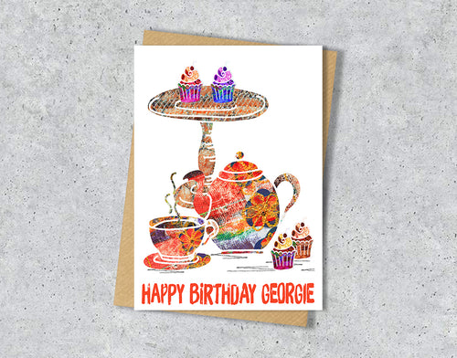Birthday card with a colorful teapot and cupcakes with personalised text.