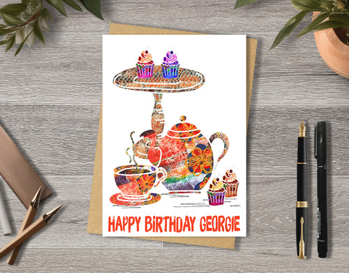 Birthday card with a colorful teapot and cupcakes with personalised text.