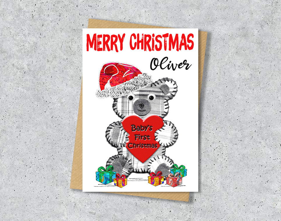 Baby Teddy First Christmas Card, A5 Personalised Greeting Card