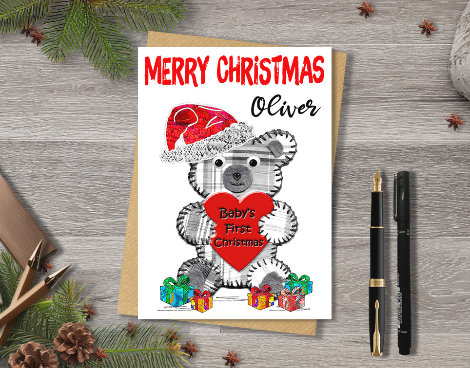 Baby Teddy First Christmas Card, A5 Personalised Greeting Card