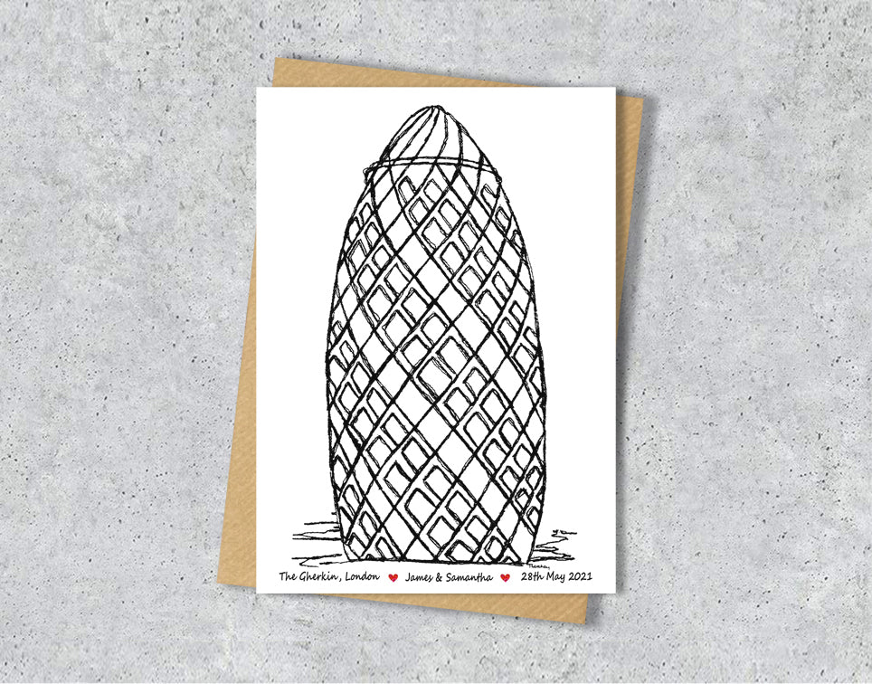 Wedding / Anniversary card with a black and white textile illustration of the Gherkin with personalised text.