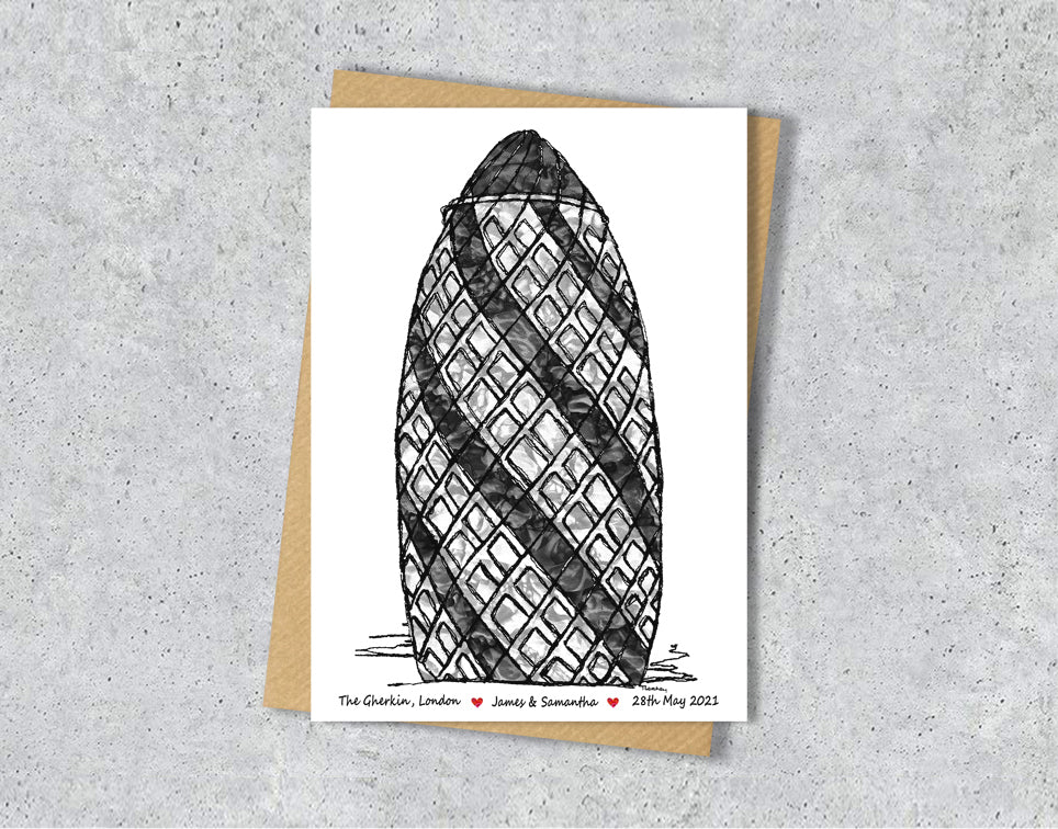 Wedding / Anniversary card with a black and grey textile illustration of the Gherkin with personalised text.