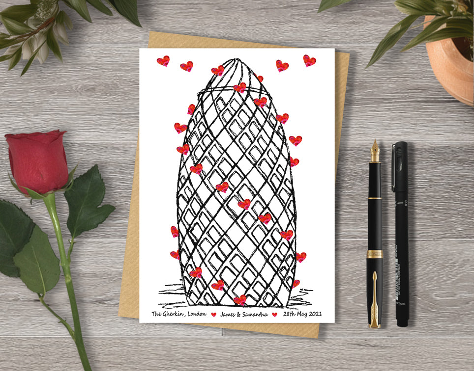 Wedding / Anniversary card with a black and white textile illustration of the Gherkin and red hearts with personalised text.