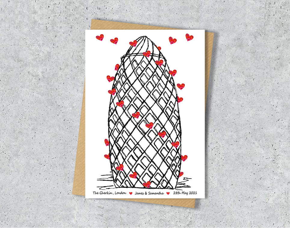 Wedding / Anniversary card with a black and white textile illustration of the Gherkin and red hearts with personalised text.