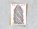 Wedding / Anniversary card with a black and white textile illustration of the Gherkin and red hearts with personalised text.